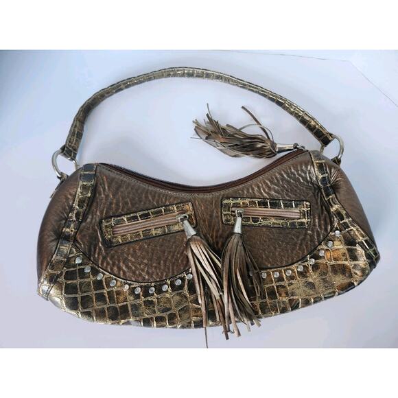 Vtg 90s Y2k Metallic Baguette Handbag Moc Croc Vegan Leather Rhinestone Studded - Picture 1 of 7